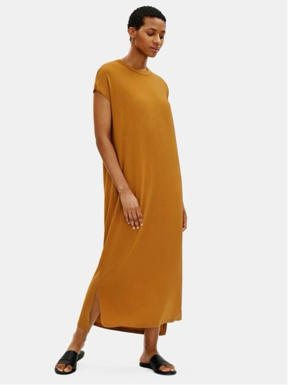 Eileen Fisher Golden Brown Viscose Jersey Crew Neck Midi Dress Size M